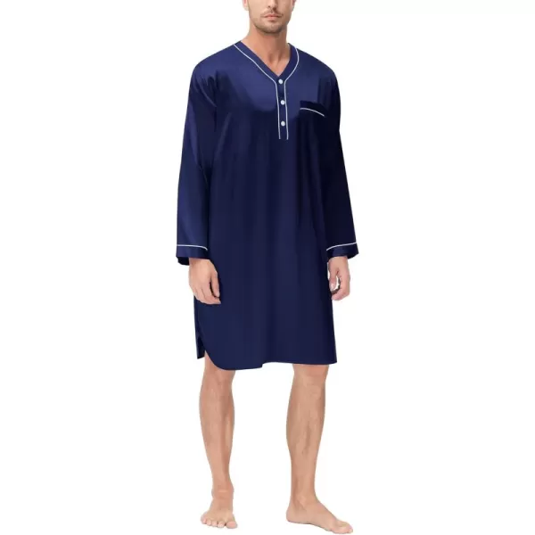 imageSWOMOG Mens Silk Satin Nightshirt Short Sleeve Loose Henley Sleep Shirt Comfy Nightgown Big ampamp Tall Men SleepwearDeep Navy Blue