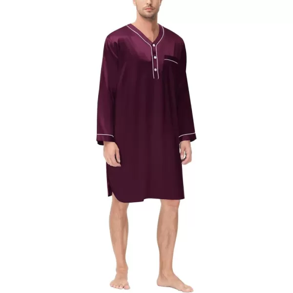 imageSWOMOG Mens Silk Satin Nightshirt Short Sleeve Loose Henley Sleep Shirt Comfy Nightgown Big ampamp Tall Men SleepwearDeep Wine Red