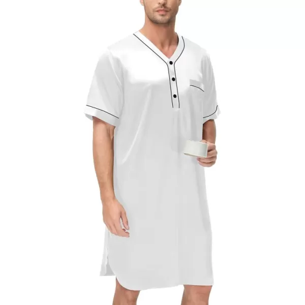 imageSWOMOG Mens Silk Satin Nightshirt Short Sleeve Loose Henley Sleep Shirt Comfy Nightgown Big ampamp Tall Men SleepwearWhite