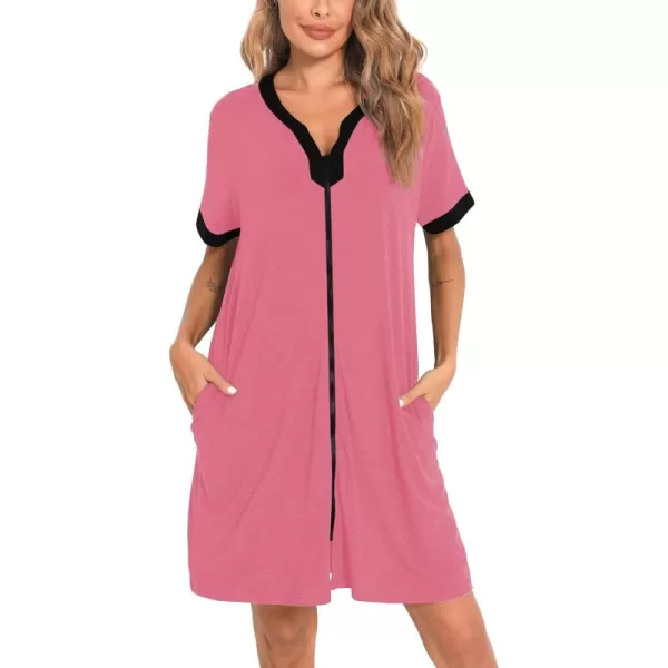 imageSWOMOG Women Zipper Front House Coat Short Sleeves Robe Zip up Bathrobes Short Nightgown with Pockets S3XLCoral