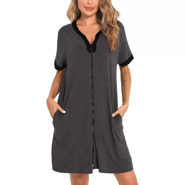 imageSWOMOG Women Zipper Front House Coat Short Sleeves Robe Zip up Bathrobes Short Nightgown with Pockets S3XLDeep Grey