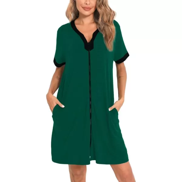 imageSWOMOG Women Zipper Front House Coat Short Sleeves Robe Zip up Bathrobes Short Nightgown with Pockets S3XLGreen