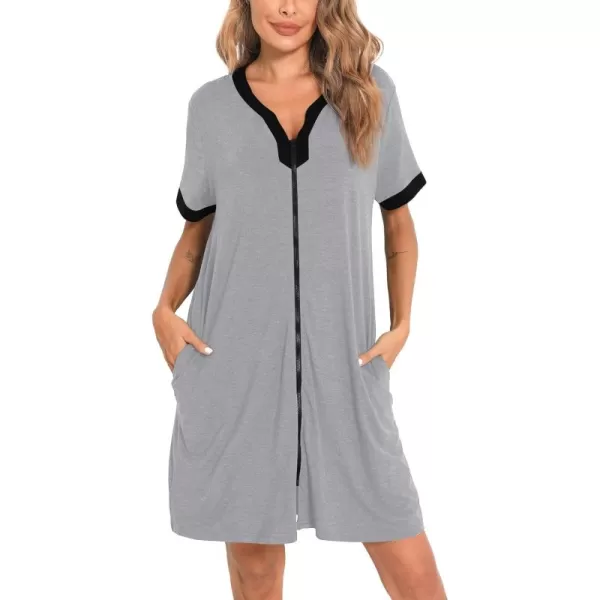 imageSWOMOG Women Zipper Front House Coat Short Sleeves Robe Zip up Bathrobes Short Nightgown with Pockets S3XLGrey