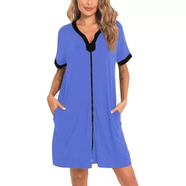 imageSWOMOG Women Zipper Front House Coat Short Sleeves Robe Zip up Bathrobes Short Nightgown with Pockets S3XLLavender