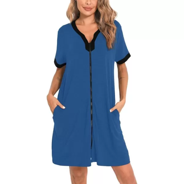 imageSWOMOG Women Zipper Front House Coat Short Sleeves Robe Zip up Bathrobes Short Nightgown with Pockets S3XLNavy