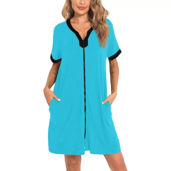 imageSWOMOG Women Zipper Front House Coat Short Sleeves Robe Zip up Bathrobes Short Nightgown with Pockets S3XLPeacock Blue