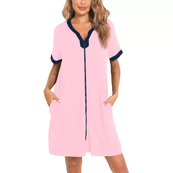 imageSWOMOG Women Zipper Front House Coat Short Sleeves Robe Zip up Bathrobes Short Nightgown with Pockets S3XLPink