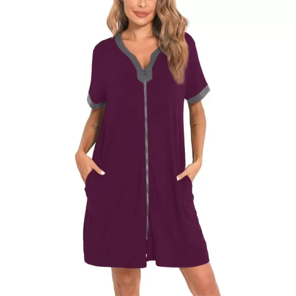 imageSWOMOG Women Zipper Front House Coat Short Sleeves Robe Zip up Bathrobes Short Nightgown with Pockets S3XLWineberry