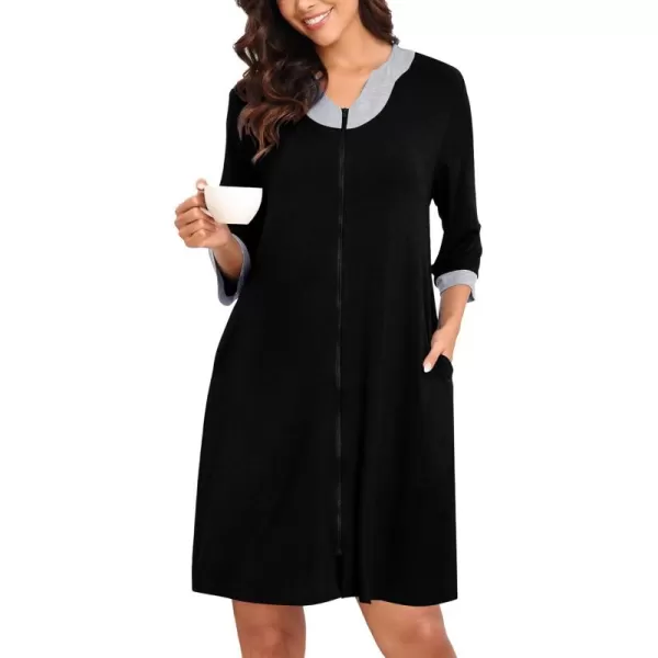 imageSWOMOG Women Zipper Front Robe 34 Sleeve House Coat Zip up Bathrobes Lightweight Nightgown with Pockets SXXLBlack