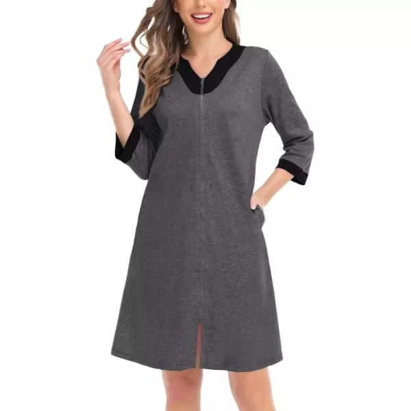 imageSWOMOG Women Zipper Front Robe 34 Sleeve House Coat Zip up Bathrobes Lightweight Nightgown with Pockets SXXLDeep Grey