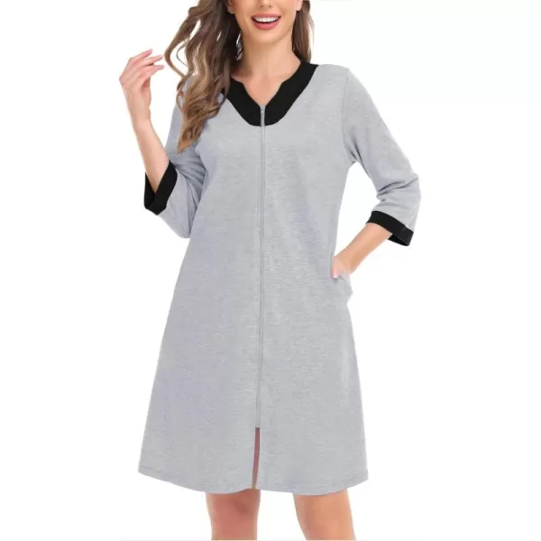 imageSWOMOG Women Zipper Front Robe 34 Sleeve House Coat Zip up Bathrobes Lightweight Nightgown with Pockets SXXLGrey