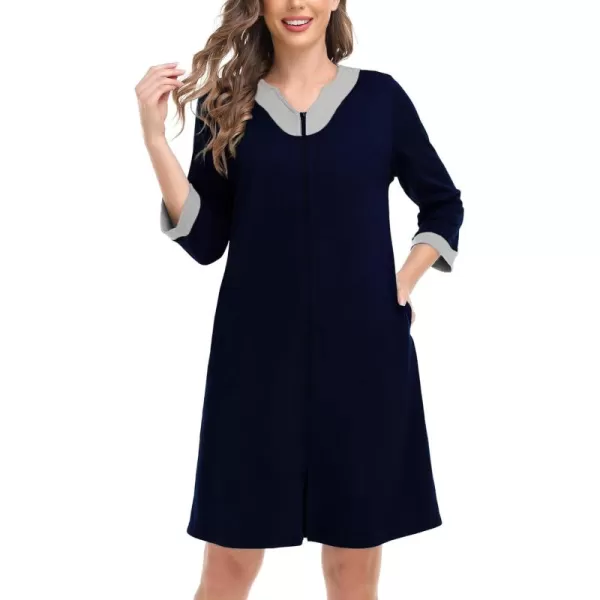 imageSWOMOG Women Zipper Front Robe 34 Sleeve House Coat Zip up Bathrobes Lightweight Nightgown with Pockets SXXLNavy Blue