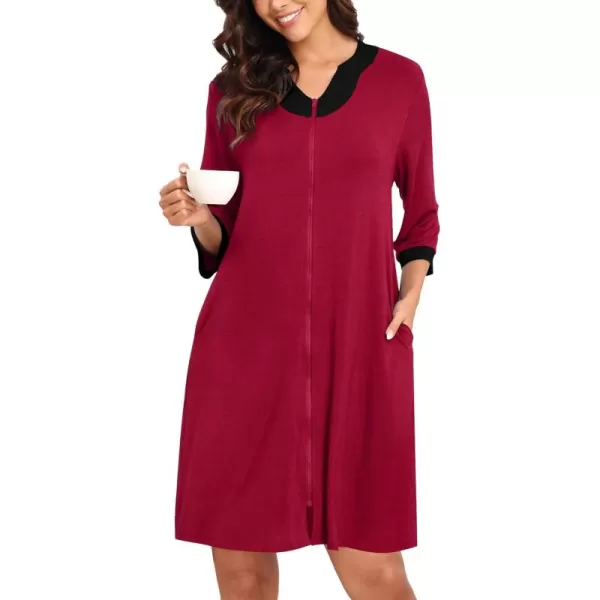 imageSWOMOG Women Zipper Front Robe 34 Sleeve House Coat Zip up Bathrobes Lightweight Nightgown with Pockets SXXLWine Red