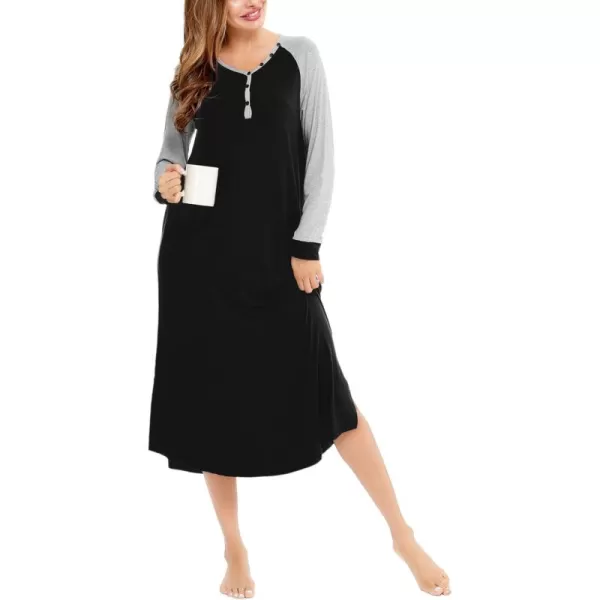 imageSWOMOG Womens Long Nightgowns Long Sleeve Nightshirt Soft Sleepwear Henley Nightdress Casual Calf Length Housecoat SXXLBlack