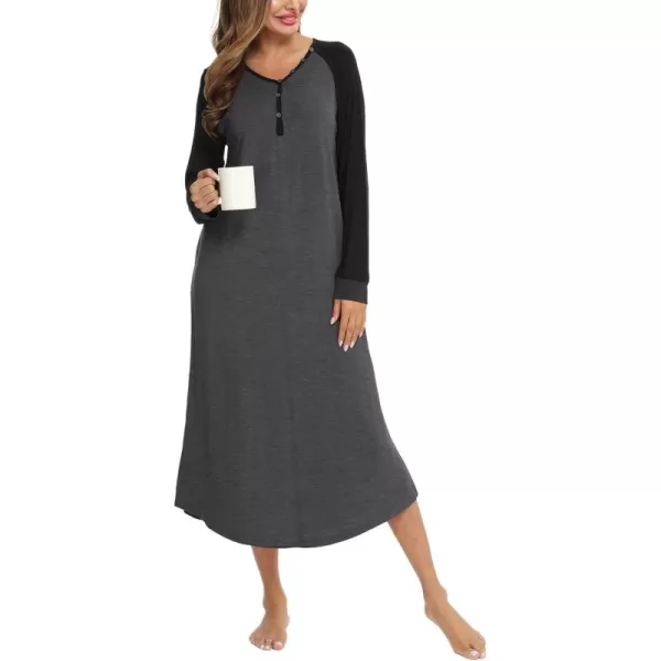 imageSWOMOG Womens Long Nightgowns Long Sleeve Nightshirt Soft Sleepwear Henley Nightdress Casual Calf Length Housecoat SXXLDeep Grey