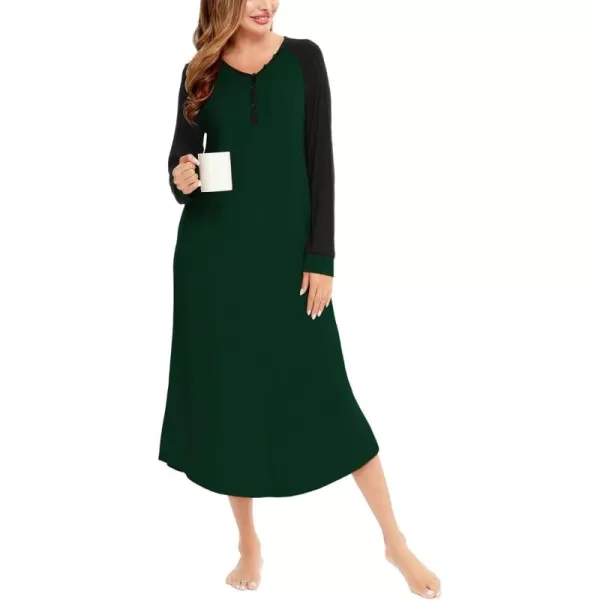 imageSWOMOG Womens Long Nightgowns Long Sleeve Nightshirt Soft Sleepwear Henley Nightdress Casual Calf Length Housecoat SXXLGreen