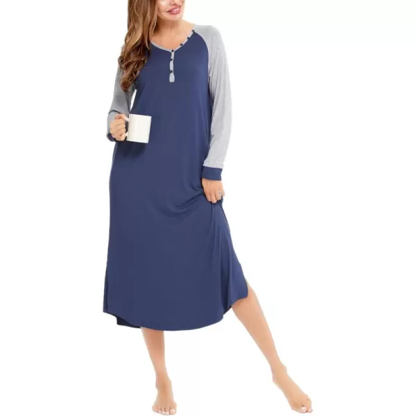 imageSWOMOG Womens Long Nightgowns Long Sleeve Nightshirt Soft Sleepwear Henley Nightdress Casual Calf Length Housecoat SXXLNavy Blue