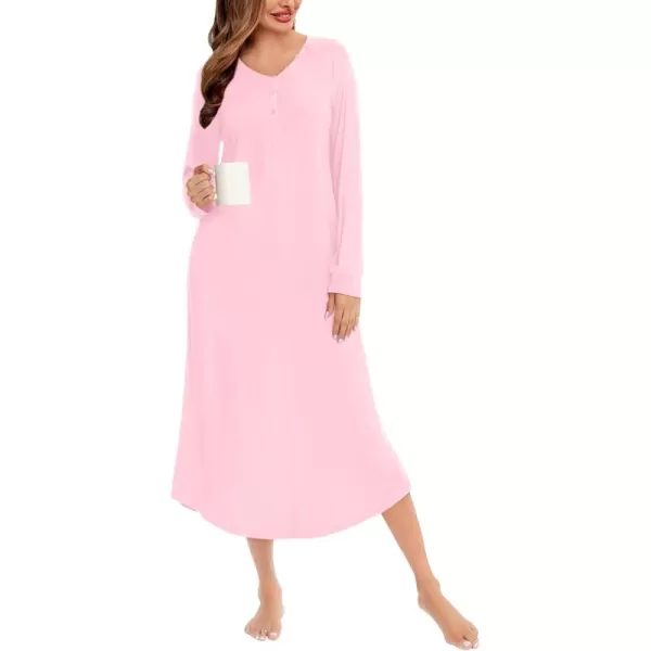 imageSWOMOG Womens Long Nightgowns Long Sleeve Nightshirt Soft Sleepwear Henley Nightdress Casual Calf Length Housecoat SXXLPink