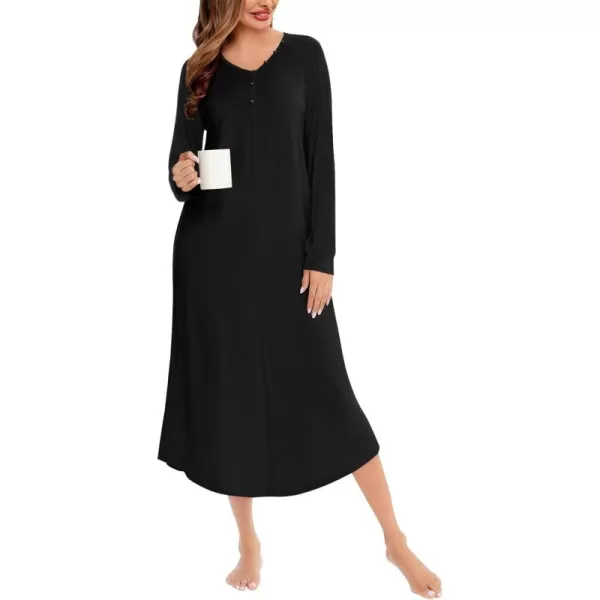 imageSWOMOG Womens Long Nightgowns Long Sleeve Nightshirt Soft Sleepwear Henley Nightdress Casual Calf Length Housecoat SXXLPure Black