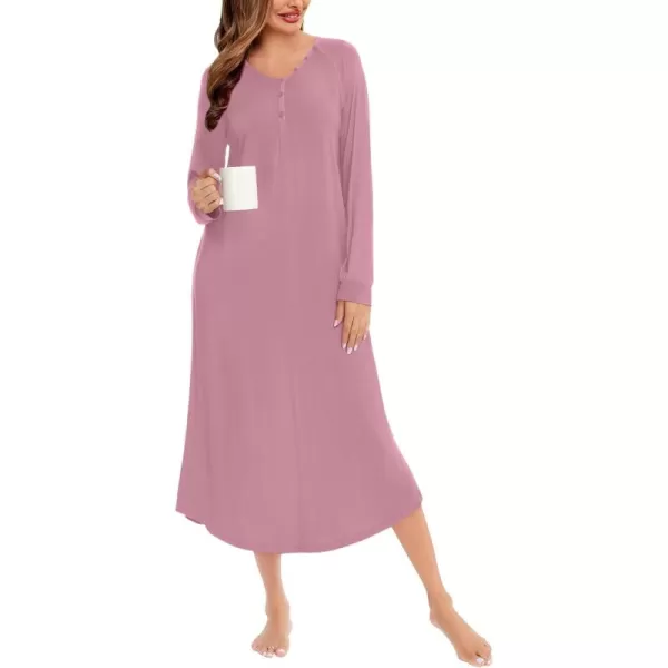 imageSWOMOG Womens Long Nightgowns Long Sleeve Nightshirt Soft Sleepwear Henley Nightdress Casual Calf Length Housecoat SXXLTaro Purple