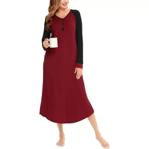 imageSWOMOG Womens Long Nightgowns Long Sleeve Nightshirt Soft Sleepwear Henley Nightdress Casual Calf Length Housecoat SXXLWine Red