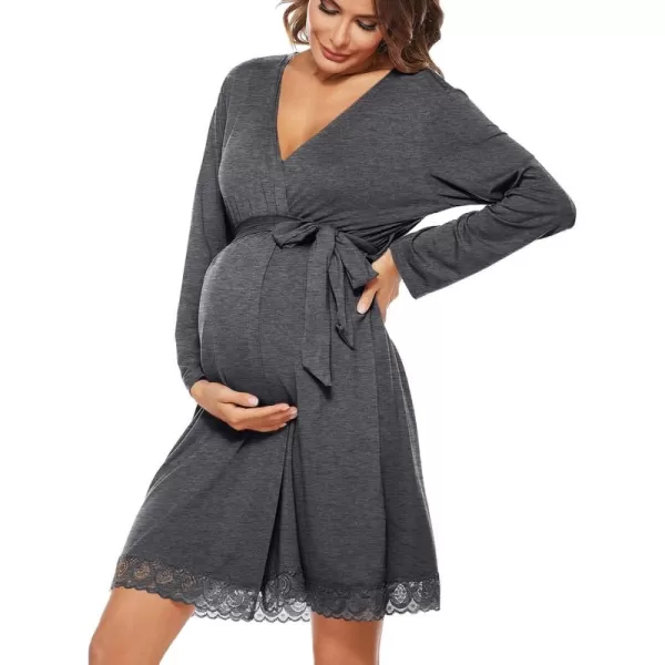 imageSWOMOG Womens Maternity Nursing Robe Pregnancy Hospital Breastfeeding Bathrobes 3 in 1 Labor Delivery NightgownsLong Sleevedark Gray