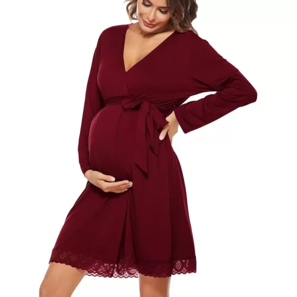 imageSWOMOG Womens Maternity Nursing Robe Pregnancy Hospital Breastfeeding Bathrobes 3 in 1 Labor Delivery NightgownsLong Sleevewine Red