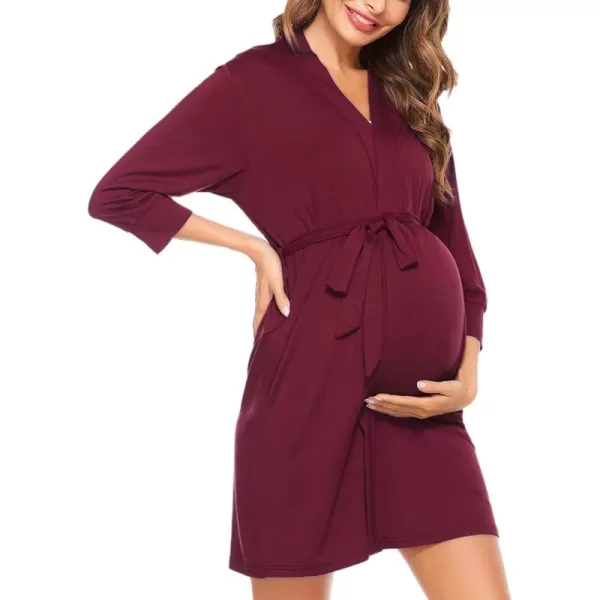 imageSWOMOG Womens Maternity Nursing Robe Pregnancy Hospital Breastfeeding Bathrobes 3 in 1 Labor Delivery NightgownsZ34 Sleeve Wine Red