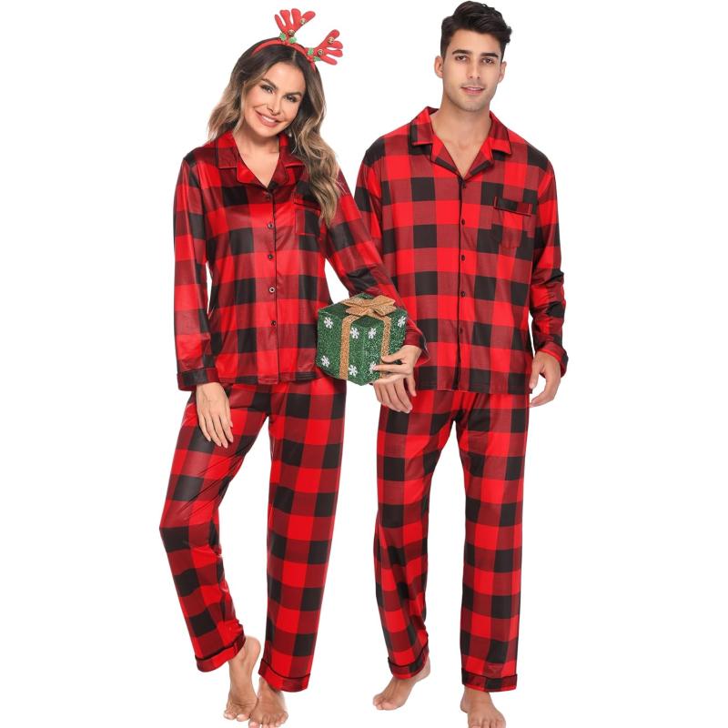 imageSWOMOG Matching Couple Christmas Pajamas Set Long Sleeve Festival Party Pj Set ButtonDown SleepwearRed With Black Big Grid