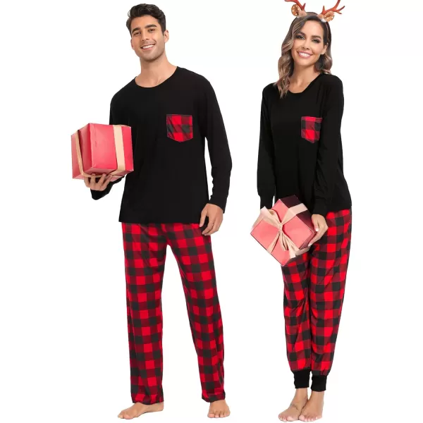 imageSWOMOG Adult Christmas Pajamas Buffalo Plaid Pajama Pants with Pockets Long Sleeve Tops for Couples ampamp FamilyBlack  Red Plaid