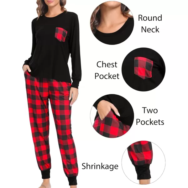 imageSWOMOG Adult Christmas Pajamas Buffalo Plaid Pajama Pants with Pockets Long Sleeve Tops for Couples ampamp FamilyBlack  Red Plaid