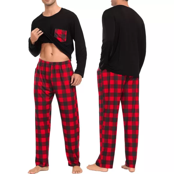 imageSWOMOG Adult Christmas Pajamas Buffalo Plaid Pajama Pants with Pockets Long Sleeve Tops for Couples ampamp FamilyBlack  Red Plaid