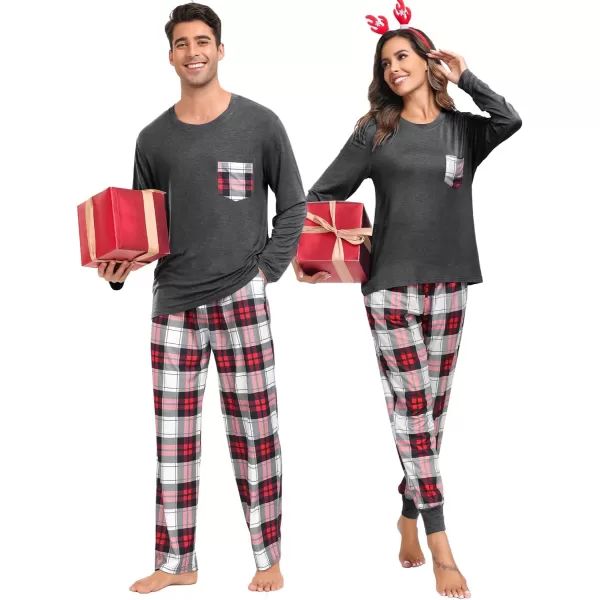 imageSWOMOG Adult Christmas Pajamas Buffalo Plaid Pajama Pants with Pockets Long Sleeve Tops for Couples ampamp FamilyDeep Grey