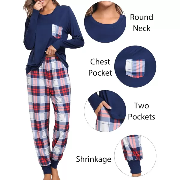 imageSWOMOG Adult Christmas Pajamas Buffalo Plaid Pajama Pants with Pockets Long Sleeve Tops for Couples ampamp FamilyNavy Blue