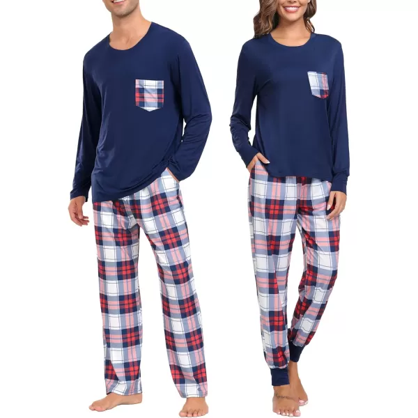 imageSWOMOG Adult Christmas Pajamas Buffalo Plaid Pajama Pants with Pockets Long Sleeve Tops for Couples ampamp FamilyNavy Blue