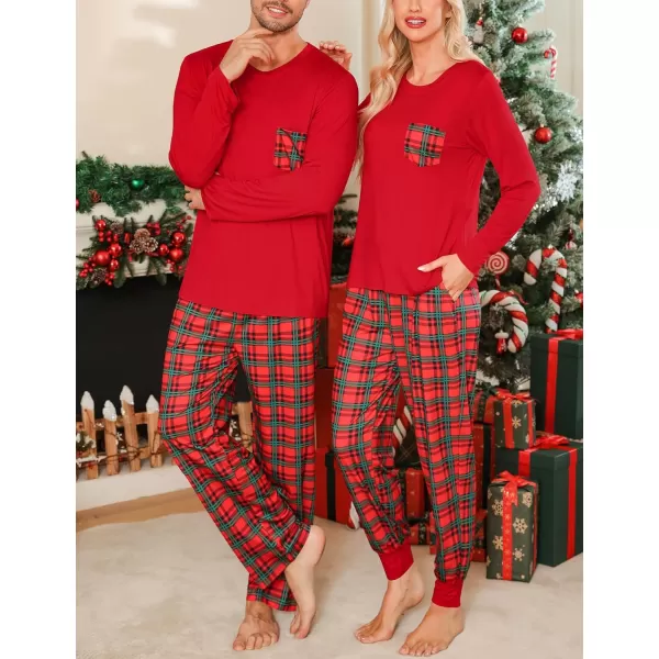 imageSWOMOG Adult Christmas Pajamas Buffalo Plaid Pajama Pants with Pockets Long Sleeve Tops for Couples ampamp FamilyRed Plaid