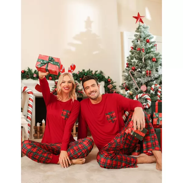 imageSWOMOG Adult Christmas Pajamas Buffalo Plaid Pajama Pants with Pockets Long Sleeve Tops for Couples ampamp FamilyRed Plaid