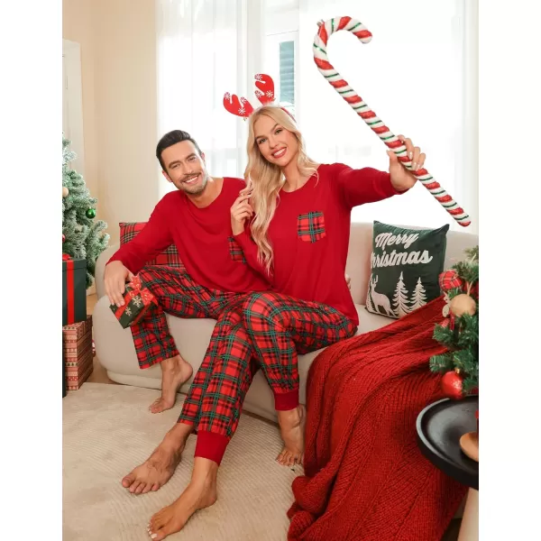 imageSWOMOG Adult Christmas Pajamas Buffalo Plaid Pajama Pants with Pockets Long Sleeve Tops for Couples ampamp FamilyRed Plaid