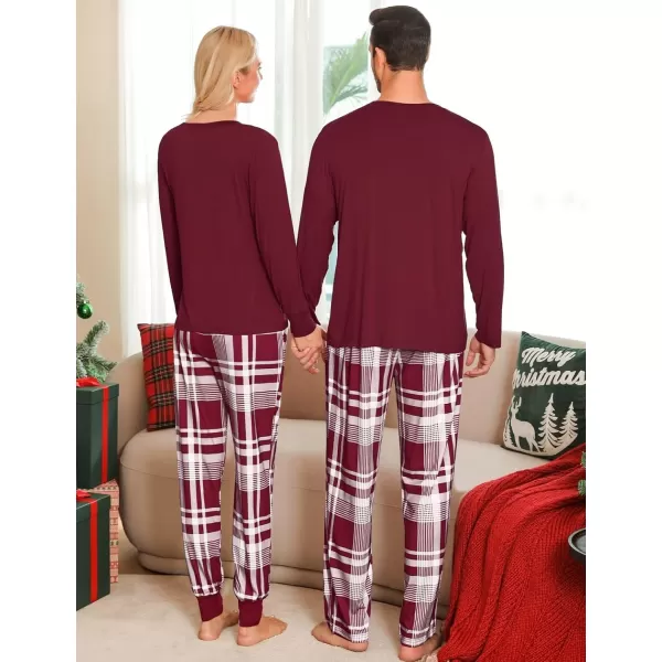 imageSWOMOG Adult Christmas Pajamas Buffalo Plaid Pajama Pants with Pockets Long Sleeve Tops for Couples ampamp FamilyWine Red Plaid