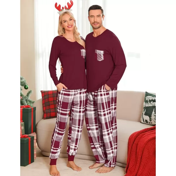 imageSWOMOG Adult Christmas Pajamas Buffalo Plaid Pajama Pants with Pockets Long Sleeve Tops for Couples ampamp FamilyWine Red Plaid