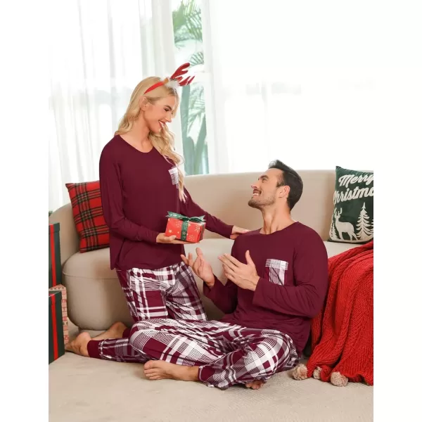 imageSWOMOG Adult Christmas Pajamas Buffalo Plaid Pajama Pants with Pockets Long Sleeve Tops for Couples ampamp FamilyWine Red Plaid