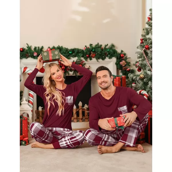 imageSWOMOG Adult Christmas Pajamas Buffalo Plaid Pajama Pants with Pockets Long Sleeve Tops for Couples ampamp FamilyWine Red Plaid