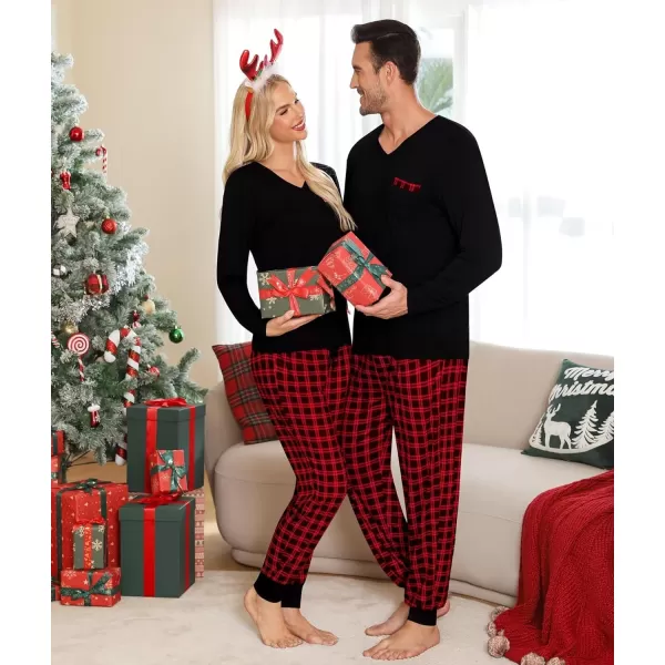 imageSWOMOG Adult Christmas Pajamas Buffalo Plaid Pajama Pants with Pockets Long Sleeve Tops for Couples ampamp FamilyZblack