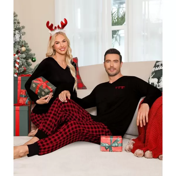 imageSWOMOG Adult Christmas Pajamas Buffalo Plaid Pajama Pants with Pockets Long Sleeve Tops for Couples ampamp FamilyZblack