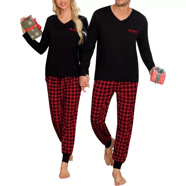 imageSWOMOG Adult Christmas Pajamas Buffalo Plaid Pajama Pants with Pockets Long Sleeve Tops for Couples ampamp FamilyZblack