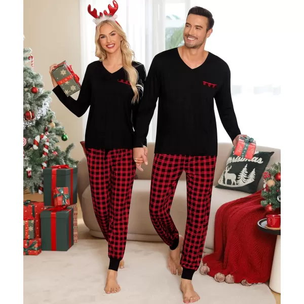 imageSWOMOG Adult Christmas Pajamas Buffalo Plaid Pajama Pants with Pockets Long Sleeve Tops for Couples ampamp FamilyZblack