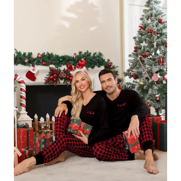 imageSWOMOG Adult Christmas Pajamas Buffalo Plaid Pajama Pants with Pockets Long Sleeve Tops for Couples ampamp FamilyZblack