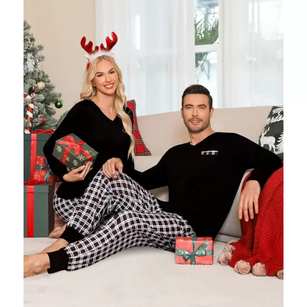 imageSWOMOG Adult Christmas Pajamas Buffalo Plaid Pajama Pants with Pockets Long Sleeve Tops for Couples ampamp FamilyZblack White Plaid