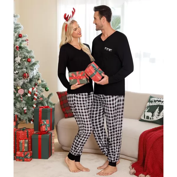 imageSWOMOG Adult Christmas Pajamas Buffalo Plaid Pajama Pants with Pockets Long Sleeve Tops for Couples ampamp FamilyZblack White Plaid