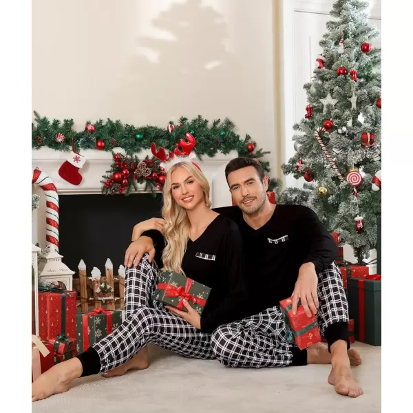 imageSWOMOG Adult Christmas Pajamas Buffalo Plaid Pajama Pants with Pockets Long Sleeve Tops for Couples ampamp FamilyZblack White Plaid